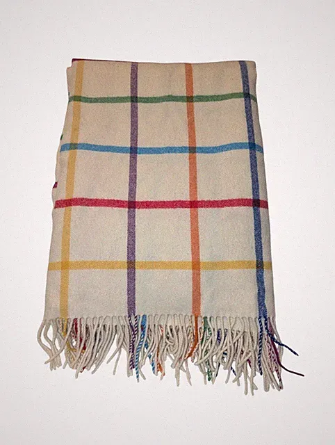 Crate and Barrel 50 x 70 Sabrina Multicolor Plaid Throw Blanket Fringe Lambswool