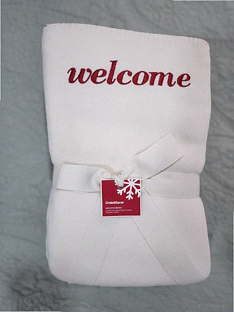 Crate and Barrel Lambs Wool Blanket/Throw Full/Queen Embroidered Welcome NWT