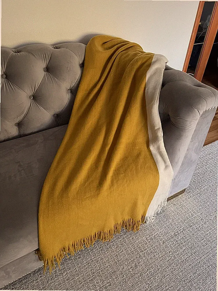 Crate and Barrel Mustard / White Fringe Throw Blanket Size: 70” x 55”