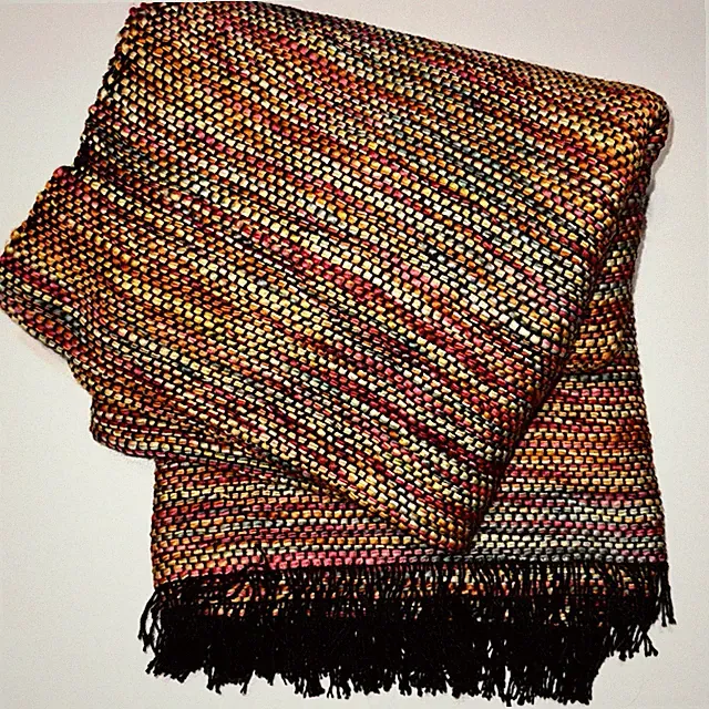 Crate & Barrel Colourful Blanket Woven Throw w/ Black Fringe Fall Warmth