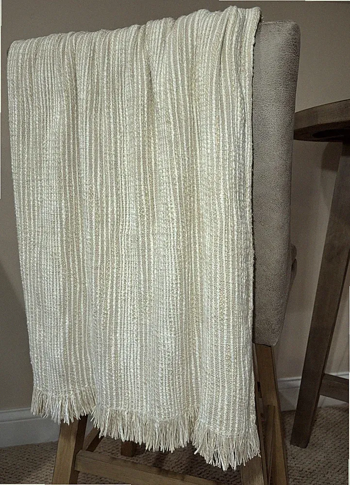 Crate & Barrel Korman Fringe Throw Blanket Natural Striped Cotton 40” X 70”