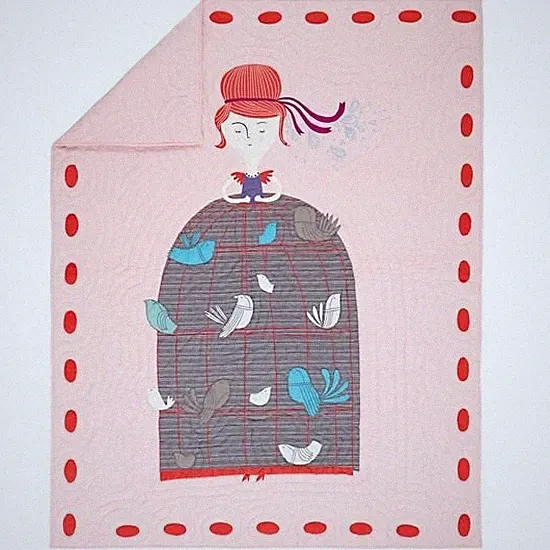 Crate&Barrel Land of Nod Madame Aviary Pink Full Quilt Red Hair Birdcage Dress