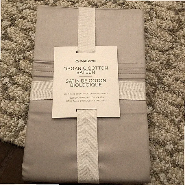 Crate & Barrel Organic Cotton Sateen Pillow Cases Two Standard Gray New 20x30