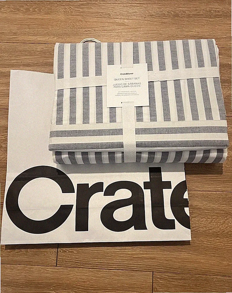 Crate&Barrel Oxford Shirting Light Indigo Blu Organic Cotton Queen Bed Sheet Set
