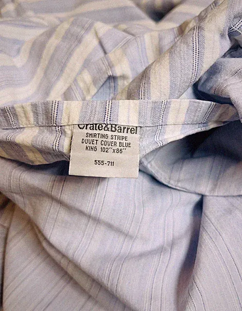 Crate & Barrel Shirting Stripe King Size Duvet Cover Cotton Blue Reversible