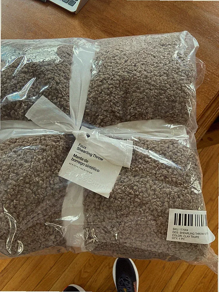 Crate & Barrel Taupe Faux Shearling Throw Blanket 55x75 NWT