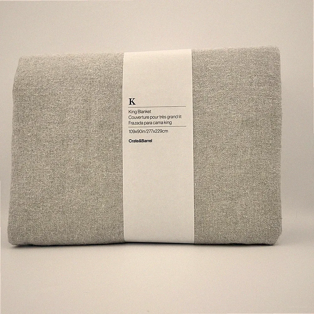 NEW Crate & Barrel TRENT King Blanket Grey Gray Satin Trim Double Brushed Cotton