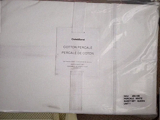 NWT Crate & Barrel Cotton Percale White Queen Sheet Set 400TC Dove Trim